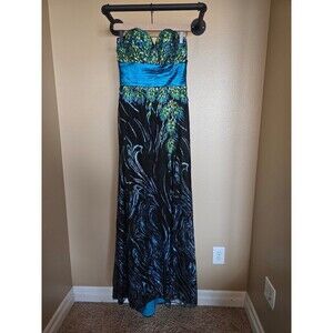 Elegant Strapless Evening Gown - Black and Blue